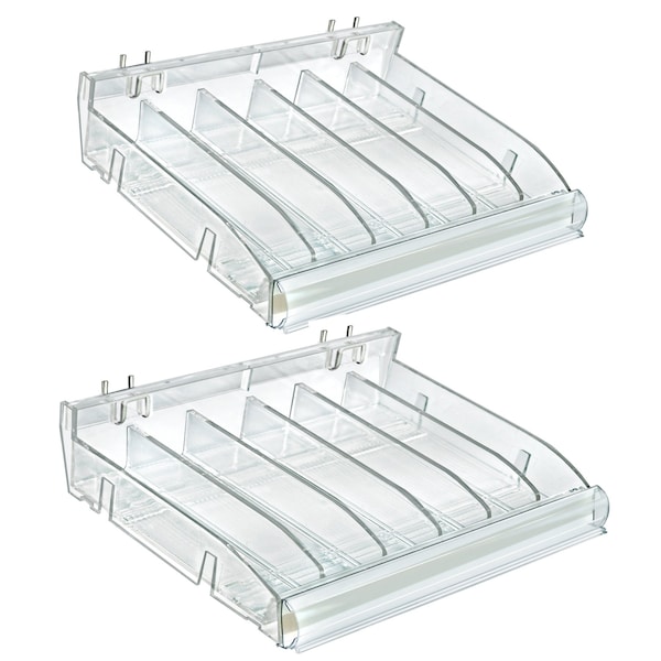 Adjustable Divider Bin Cosmetic Tray, Gravity Feed Hangs 104 Degrees from the Wall, Clear, 2-Pack
